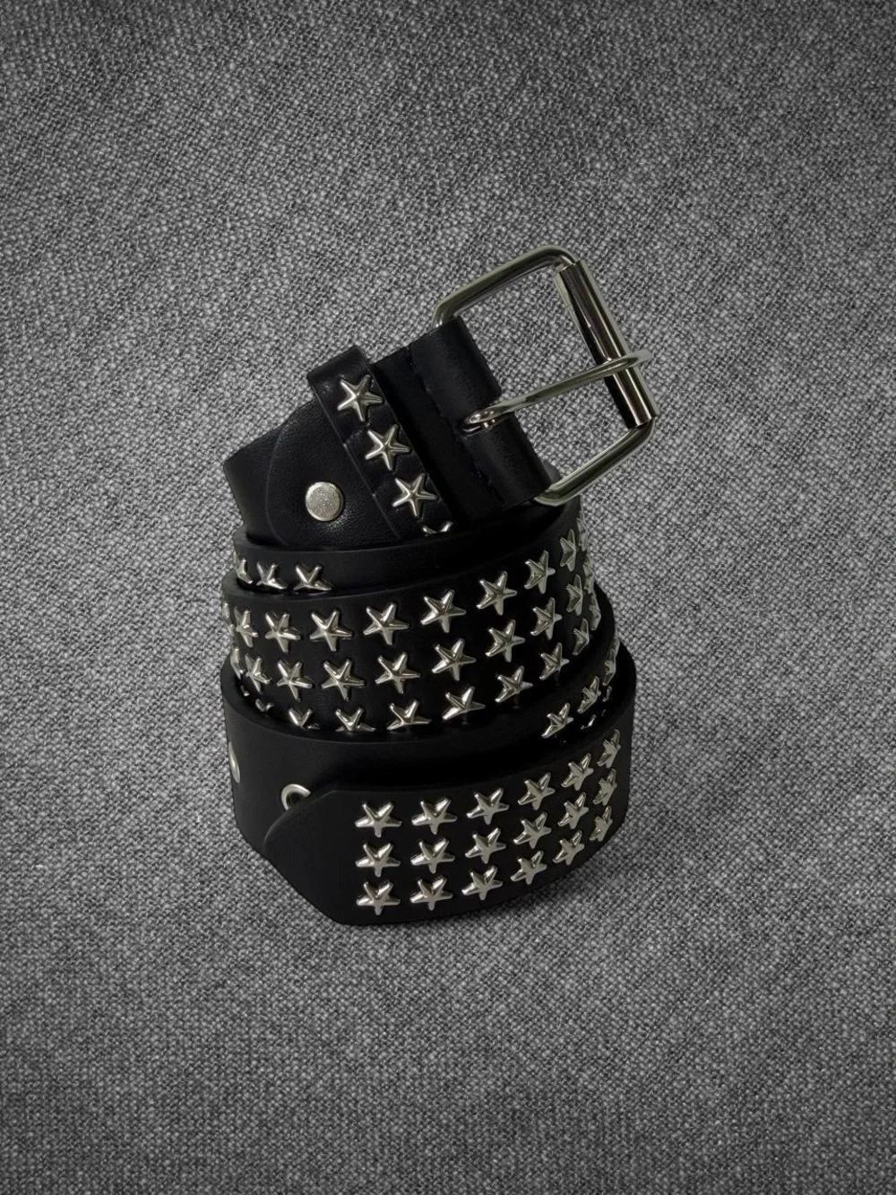 Black Wide Star Studded Grommet Belt Silver Buckle Punk Y2K 45 Inch